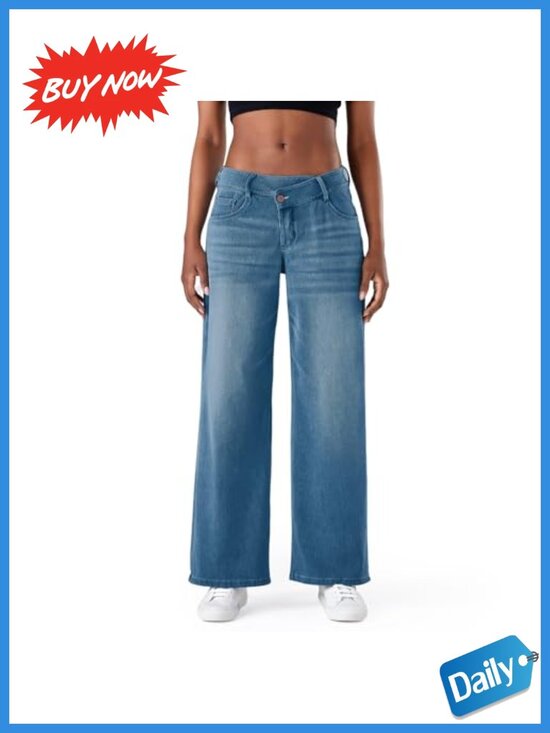 Denim - Women's Low Rise Wide Leg Jeans Stretchy Relaxed Fit Denim Pants